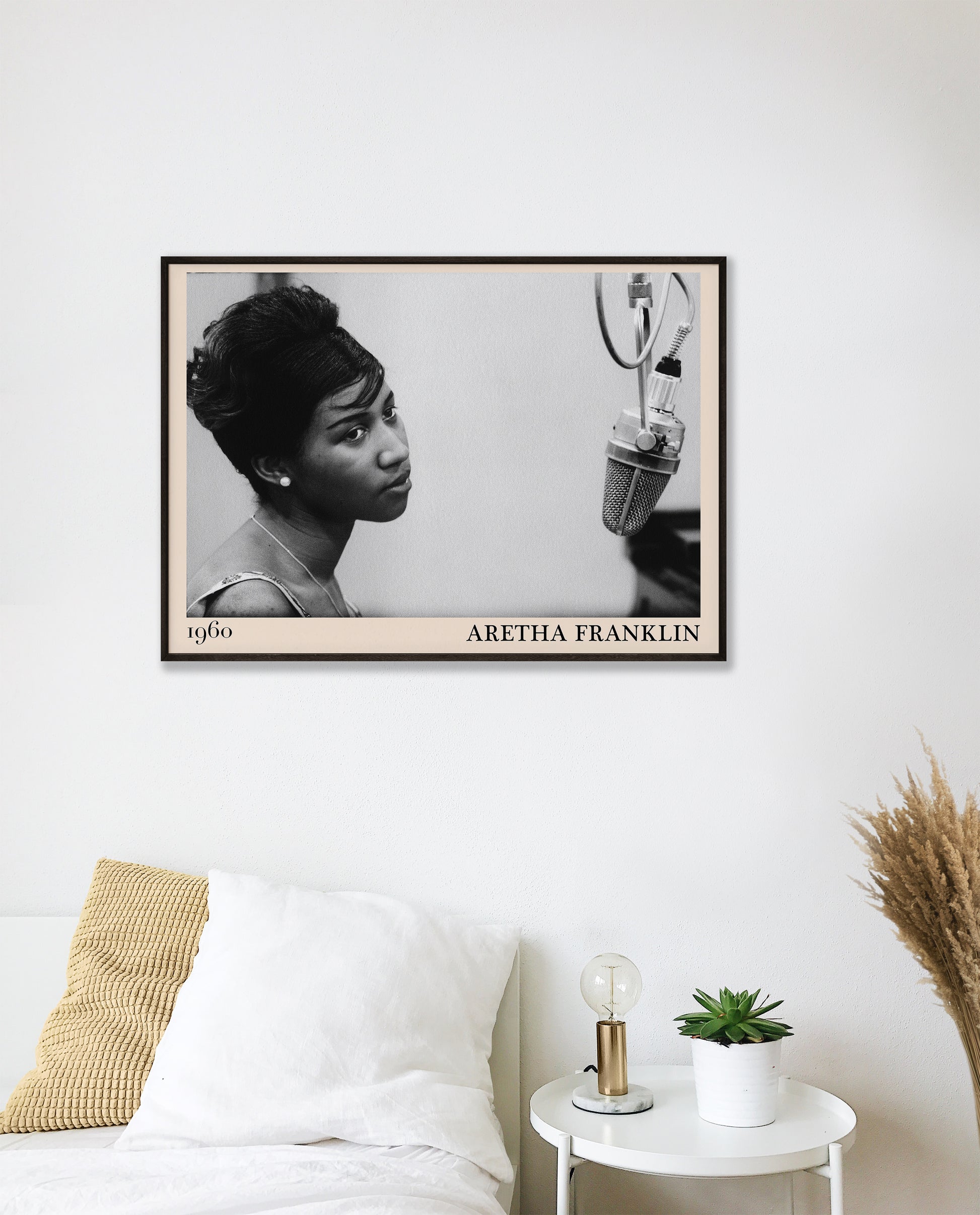 Aretha Franklin Framed Poster on a white bedroom wall